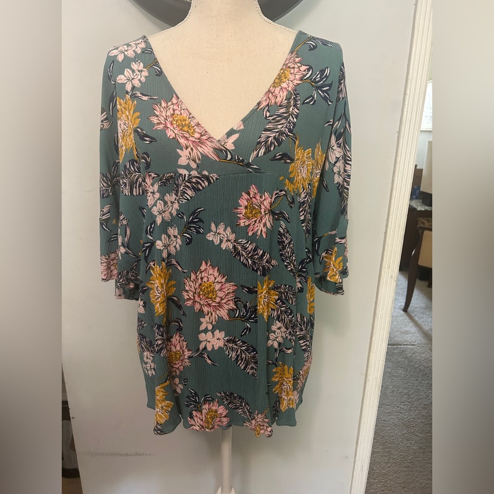 Kori Teal Floral V-Neck Blouse